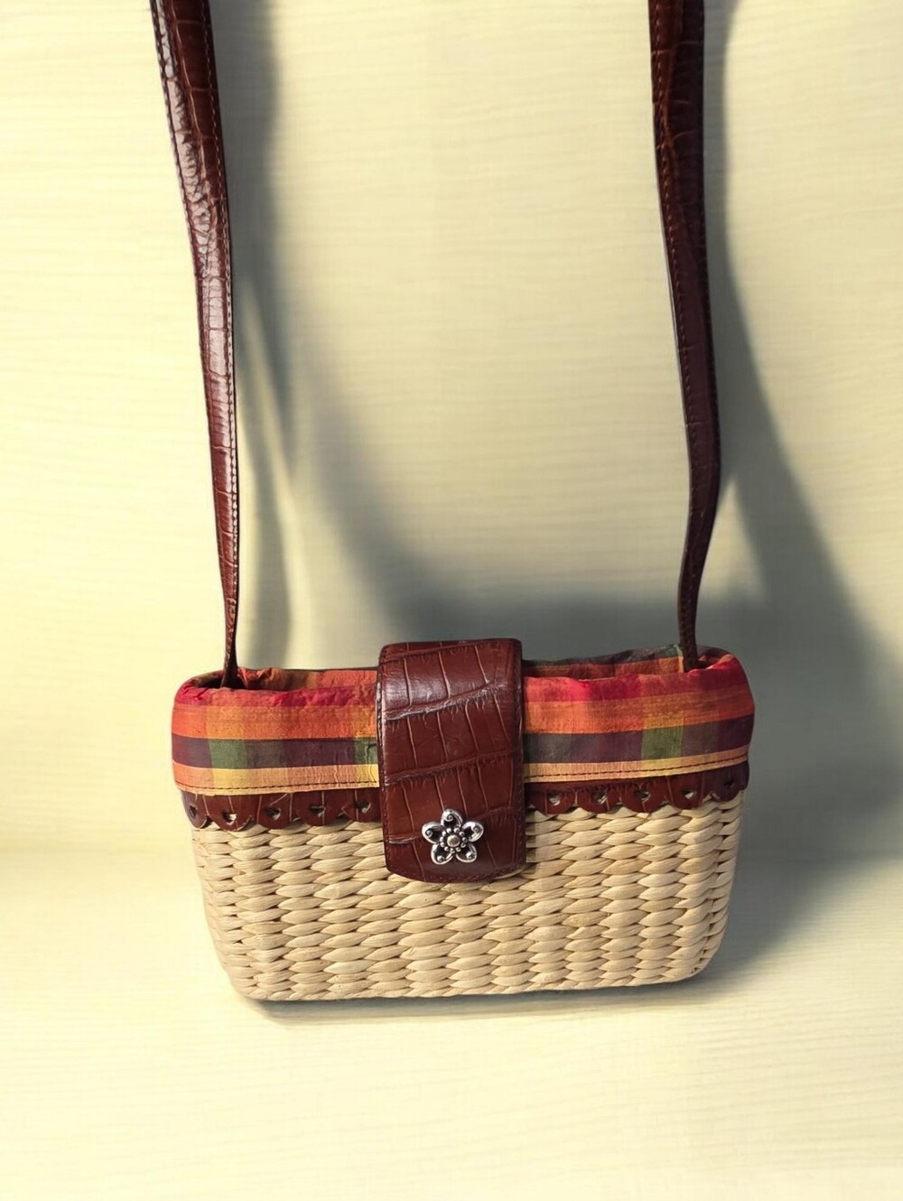 Brighton Woven Straw Crossbody Bag | Brown Leather Trim, Floral Heart Accent EUC